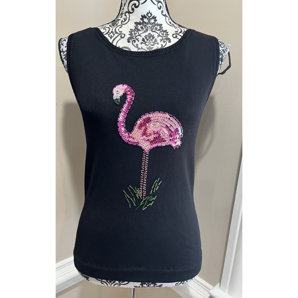 Sweater Works Womens Y2K Flamingo Sequin Knit Top Sz S Black Pink Mob Wife